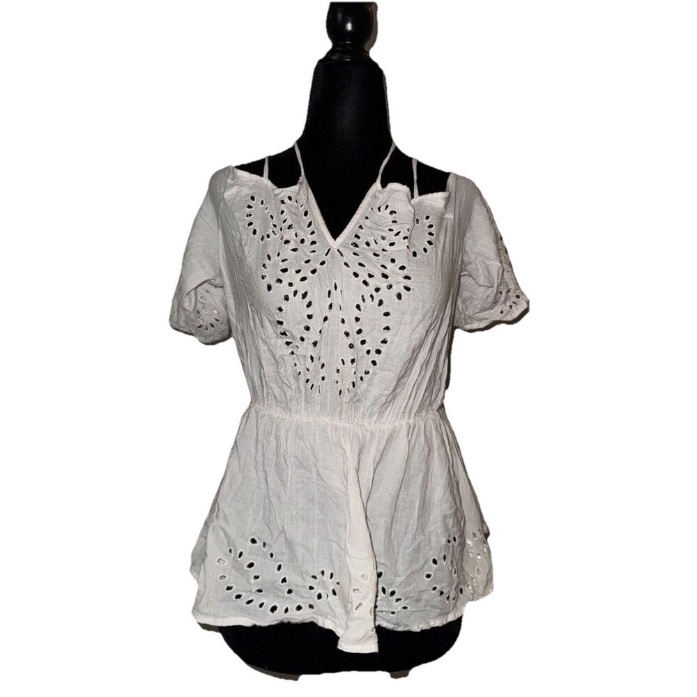 Guess Small White Eyelet V-Neckline Short Sleeves Elastic Waist Thin Straps